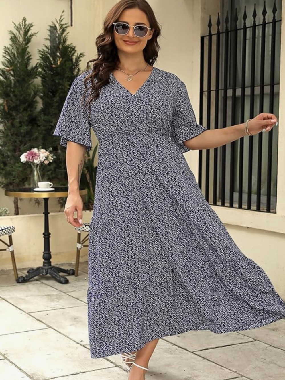 NWT Keluummi tiered maxi dress navy white 22 plus floral flutter v neck summer